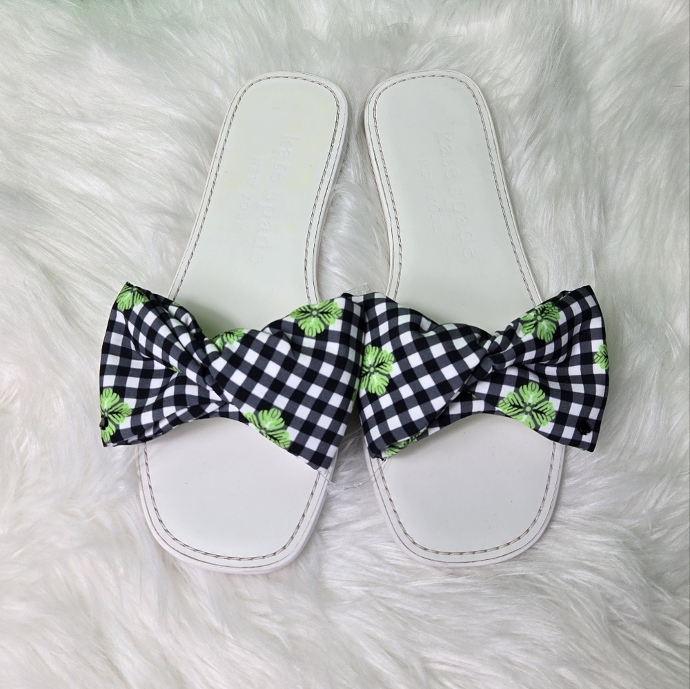 Kate Spade Bikini Bow Slide Checkered Flat Sandals with Green Highlights